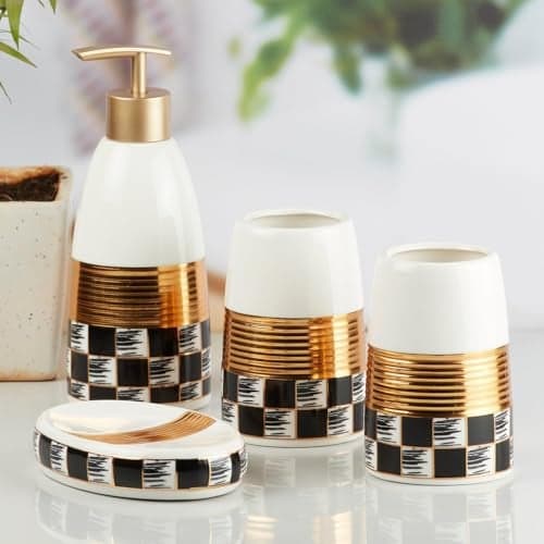 Kookee Ceramic Bathroom Set – Stylish 4 Piece Bath Accessories Kit with Soap Dispenser, Toothbrush Holder, Tumbler & Soap Dish – Modern & Designer Decor, White/Gold/Black (10081)