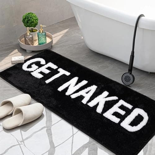 KOEXM Get Naked Bath Mat Long Runner Mat Cute Bathroom Rugs Non Slip Absorbent Black Funny Bathroom Decor for Apartment, Tub, Shower, 18" x 47", Machine Washable