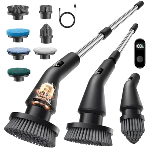 Topmako Electric Spin Scrubber Upgraded IPX7 Cordless Cleaning Brush for Bathroom Shower Household Cleaning Scrubber with 7 Brush Heads Adjustable Long Handle and 2 Rotating Speeds for Tub Floor