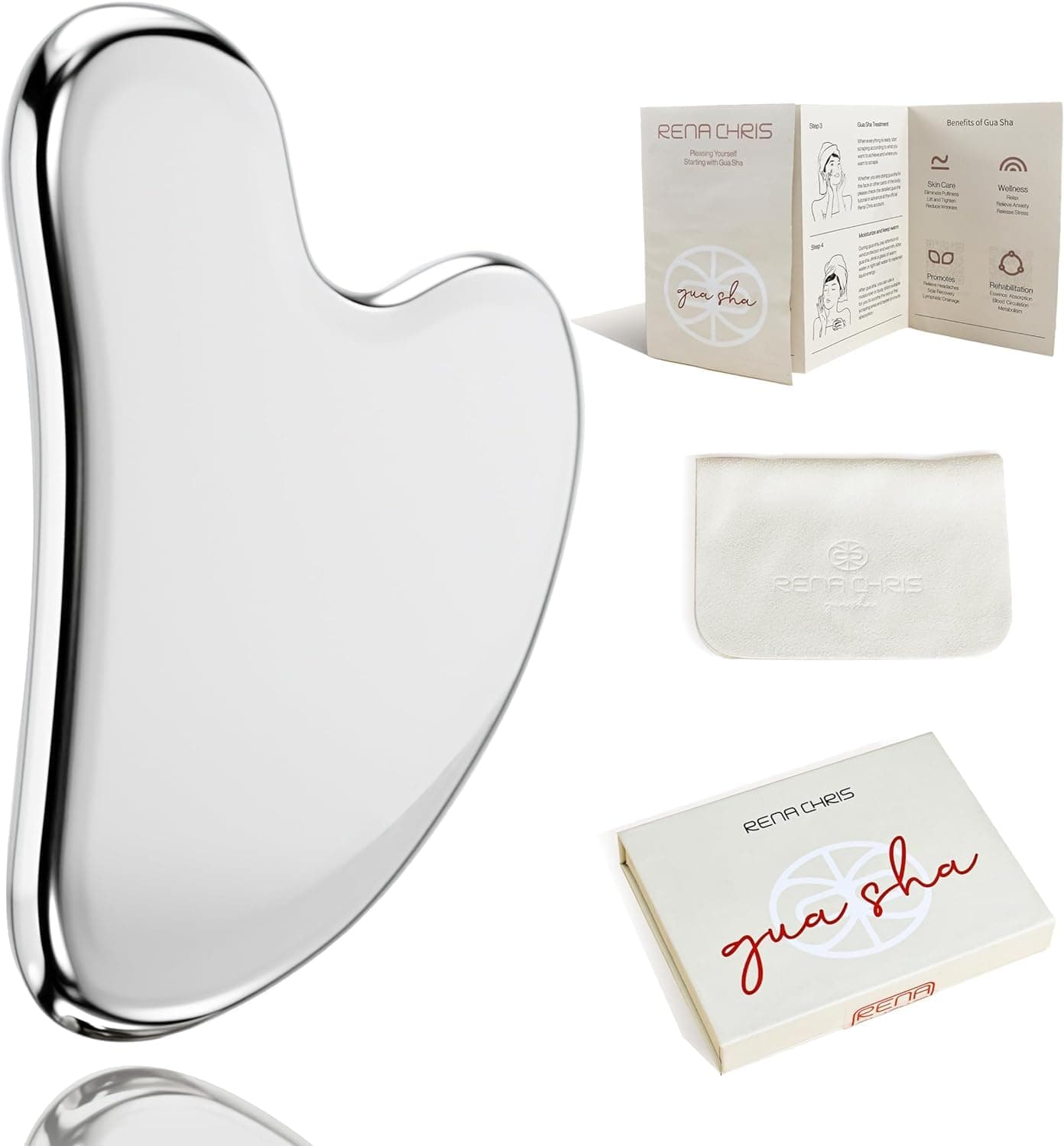 Rena Chris Gua Sha Facial Tools Stainless Steel Guasha Tool for Acupuncture Manual Massage Tool for Jawline Sculpting and Puffiness Reducing Gua Sha Facial Massage Tool SkinCare Gift