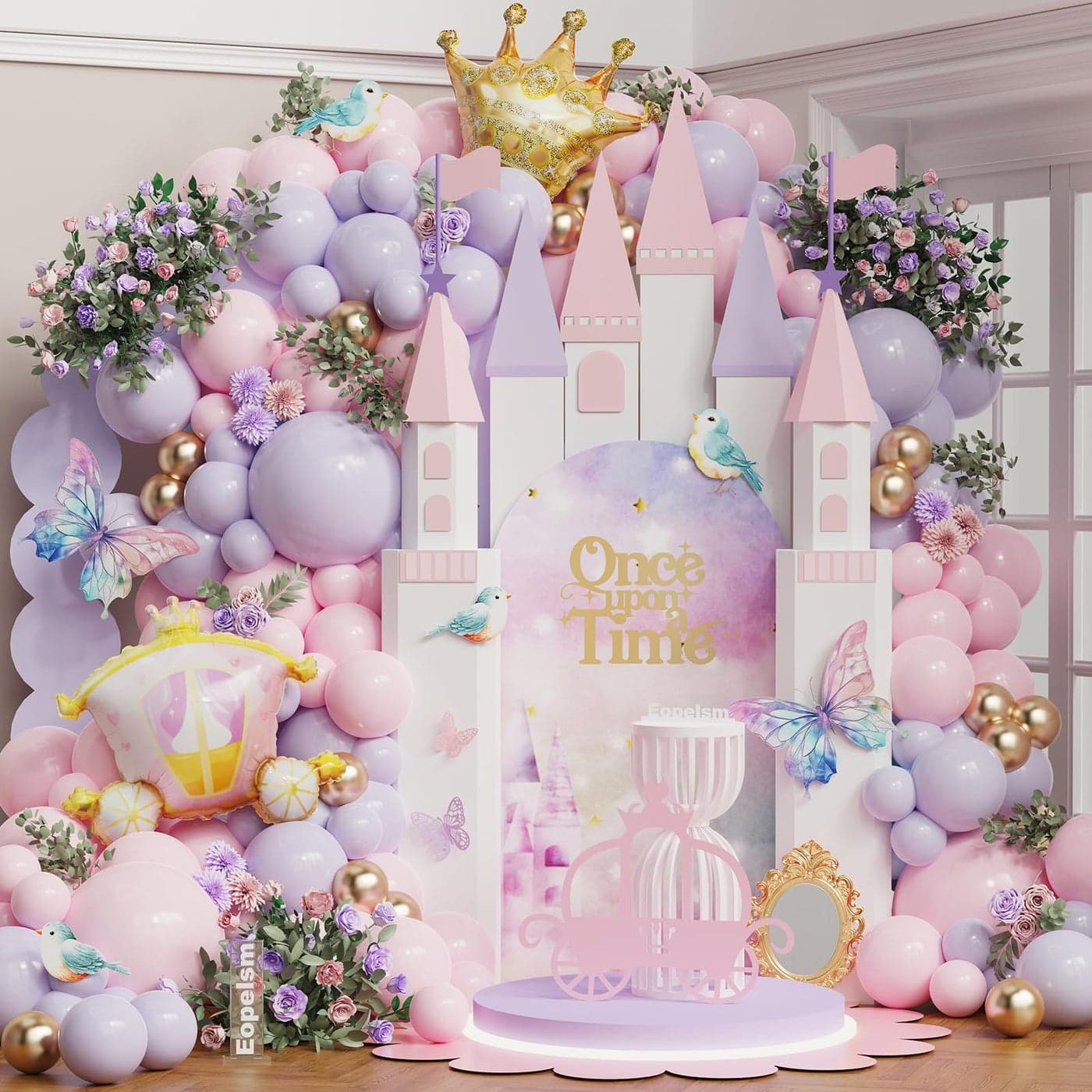 Princess Balloon Arch Garland Kit 150Pcs Pastel Macaron Pink and Purple Balloon with Carriage Crown Foil Balloons for Spring Princess Baby Shower Birthday Party Decorations