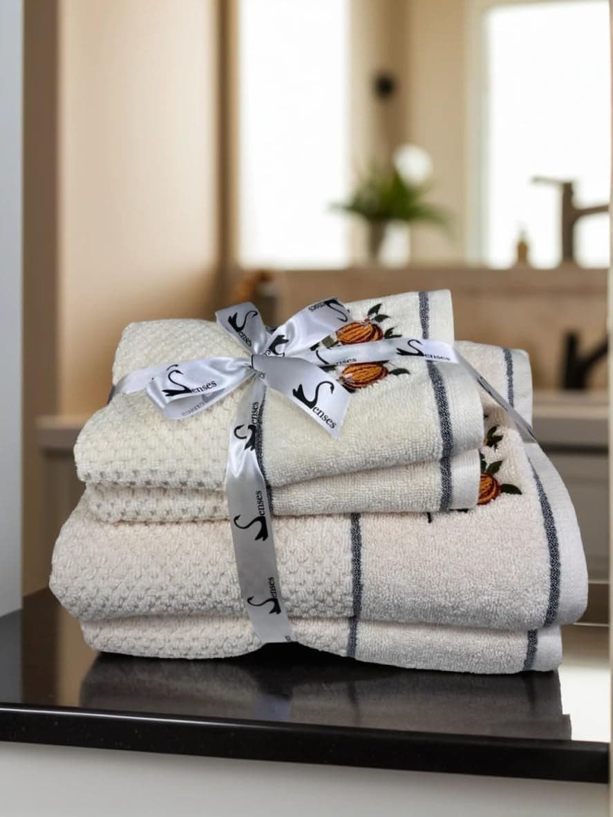 SENSES By Riba Cotton Embroidered Towel Set, 550 GSM Soft & Absorbent, Antimicrobial, Oeko-Tex Certified | Ideal for Home & Gifting, Pack of 4 (2 Bath 27"X50" + 2 Hand Towels 16"X26") - Style 15