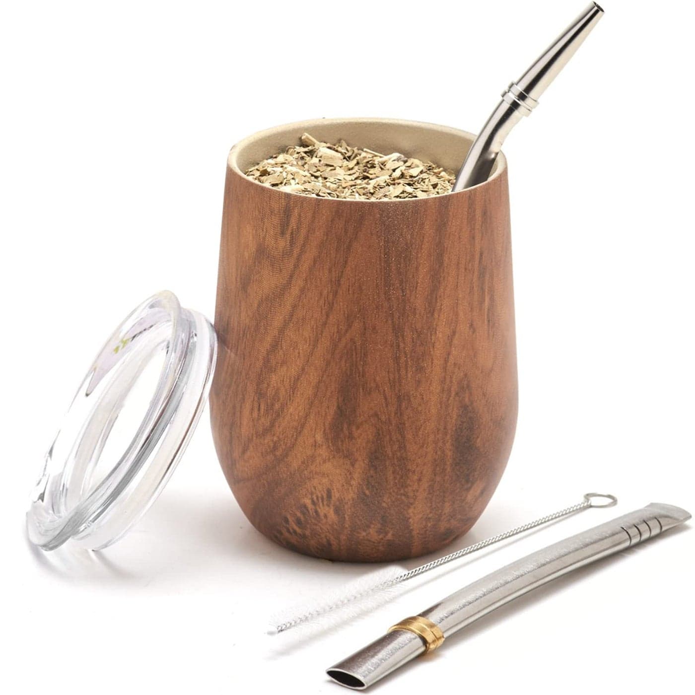 BALIBETOV 5 pcs large Yerba Mate Cup and Bombilla Kit, Includes one 8 oz Yerba Mate Gourd with Lid, Two Bombillas Mate Straw and one cleaning brush (Wood, 8.00)