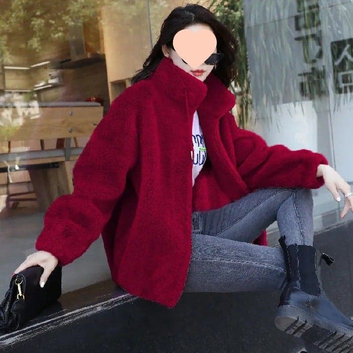 2024 Plus Size Fleece-Lined Padded Short Coat Double-Sided Velvet Stand Collar Shake Solid Color Sweater Women Ins Tide