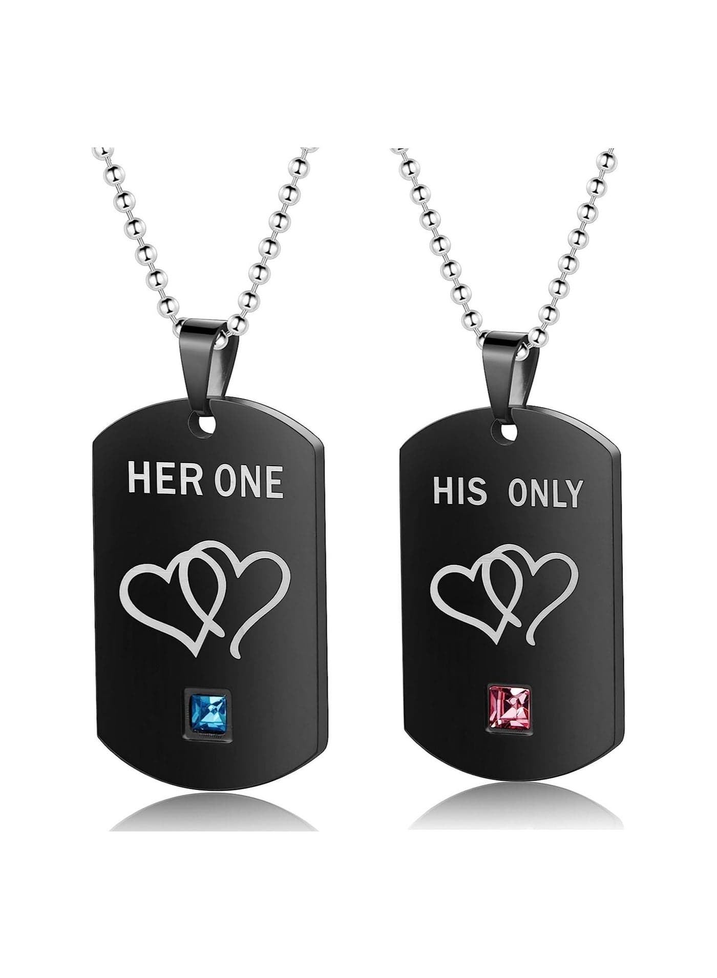 Couple Tag Pendent Necklace, Stainless Steel Pendant Necklace with CZ Stones Double Heart, Her One His Only Tag Necklace, Anniversary Valentines Gift for Lover