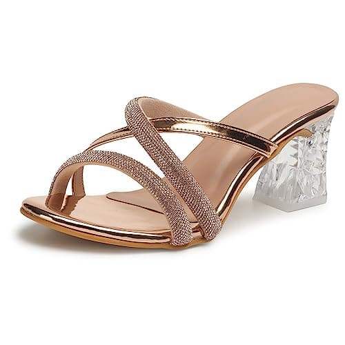XE Looks Women's Gold Fancy Heel Slippers | Transparent Block Heels with Dual Glitter Straps | Slip-On Design | Cushioned Footbed for Comfort Heel Slippers For Girls & Women