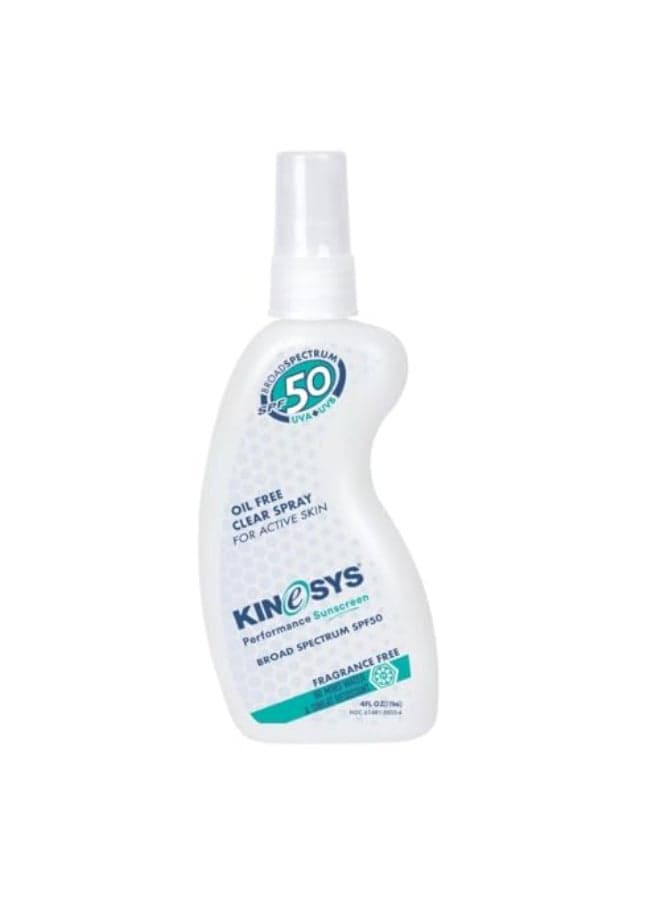 KINeSYS Fragrance Free Clear Spray Sunscreen for sensitive skin SPF 50 Hypoallergenic Broad Spectrum UVAUVB protection for Face Body PABA and Oxybenzone FREE 700 Sprays 4 Fl Oz120 mL