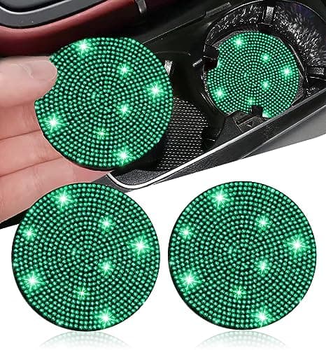 2pcs Bling Car Cup Holder Coaster, 2.75 inch Anti-Slip Shockproof Universal Fashion Vehicle Cup Holders Insert Bling Crystal Rhinestone Auto Automotive Interior Accessories for Women (2 pcs, Green)