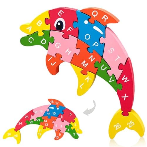 LovesTown Wooden Puzzles for Kids Double Sided Dolphin Jigsaw with Alphabet Numbers Montessori Educational Toy for Toddlers Chunky Animal Gift