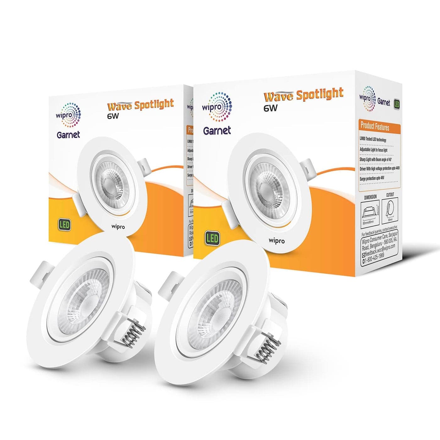 wipro Garnet 6W Round Led Wave SpotlightCob Spotlight for CeilingCool White Light 6500KAdjustable DesignRecessed Tiltable Downlighter for False CeilingCutout 75 MmPack of 2