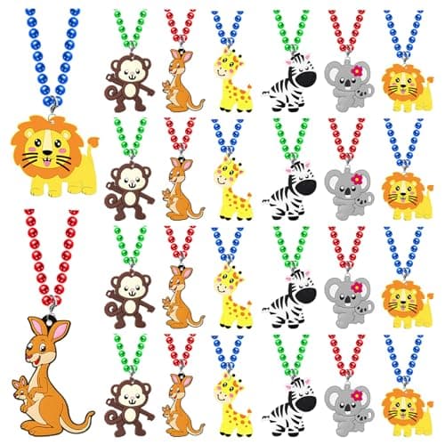 KeeStar 24 Pack Wild Animal Necklace Party Favors for Safari Animal Themed Baby Shower Birthday Party Goodie Bag Fillers School Carnival Rewards Photography Props Home Decorations Classroom Prize