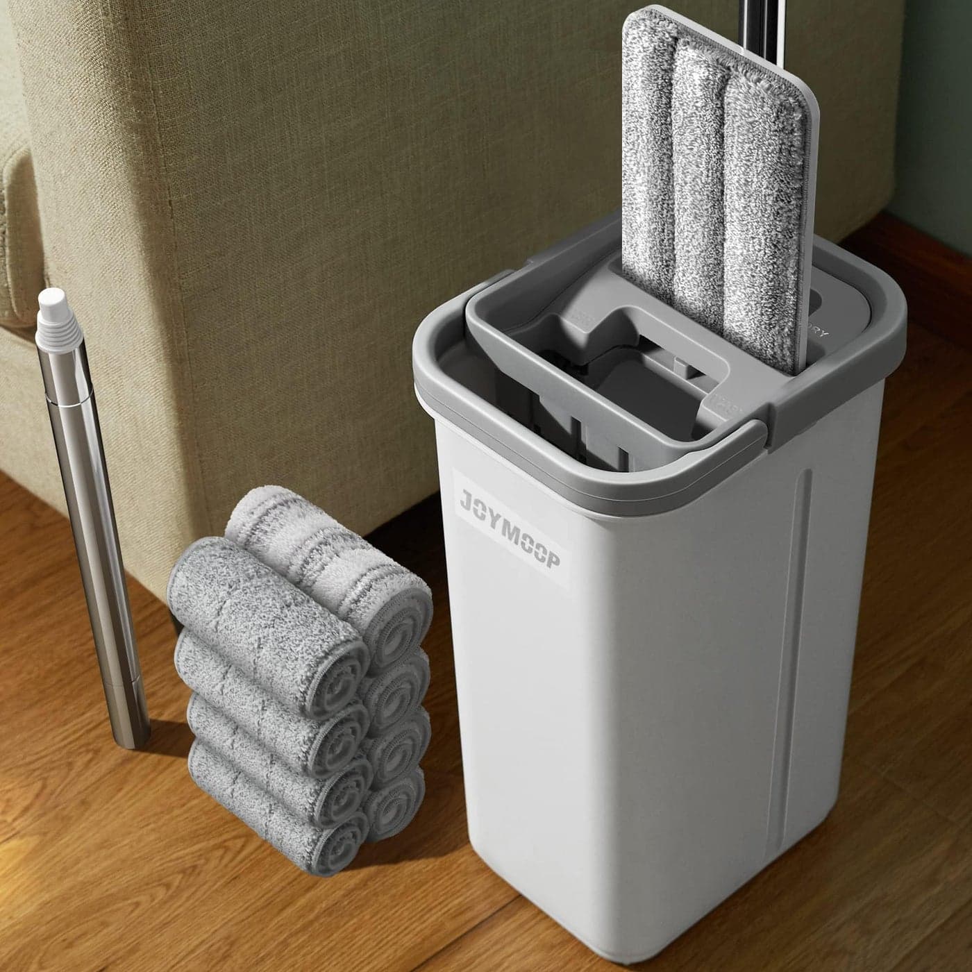 JOYMOOP Mop and Bucket with Wringer Set Hands Free Flat Floor Mop and Bucket with 3 Washable Microfiber Pads Wet and Dry Use Floor Cleaning System