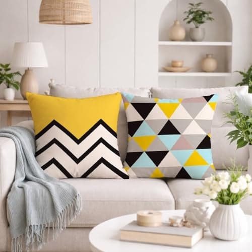 STITCHNEST Yellow & Black Geometrical Printed Poly Cotton Cushion Covers, Set of 2 (24 x 24 Inches)
