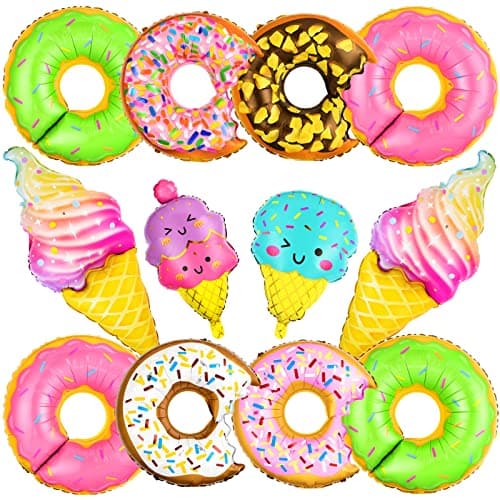 12 PCS Large Donut Ice Cream Foil Balloons Multicolor Sweet Candy Mylar Balloons Huge Donut Ice Cream Themed Party Decorations for Spring Baby Shower Birthday Party Decor