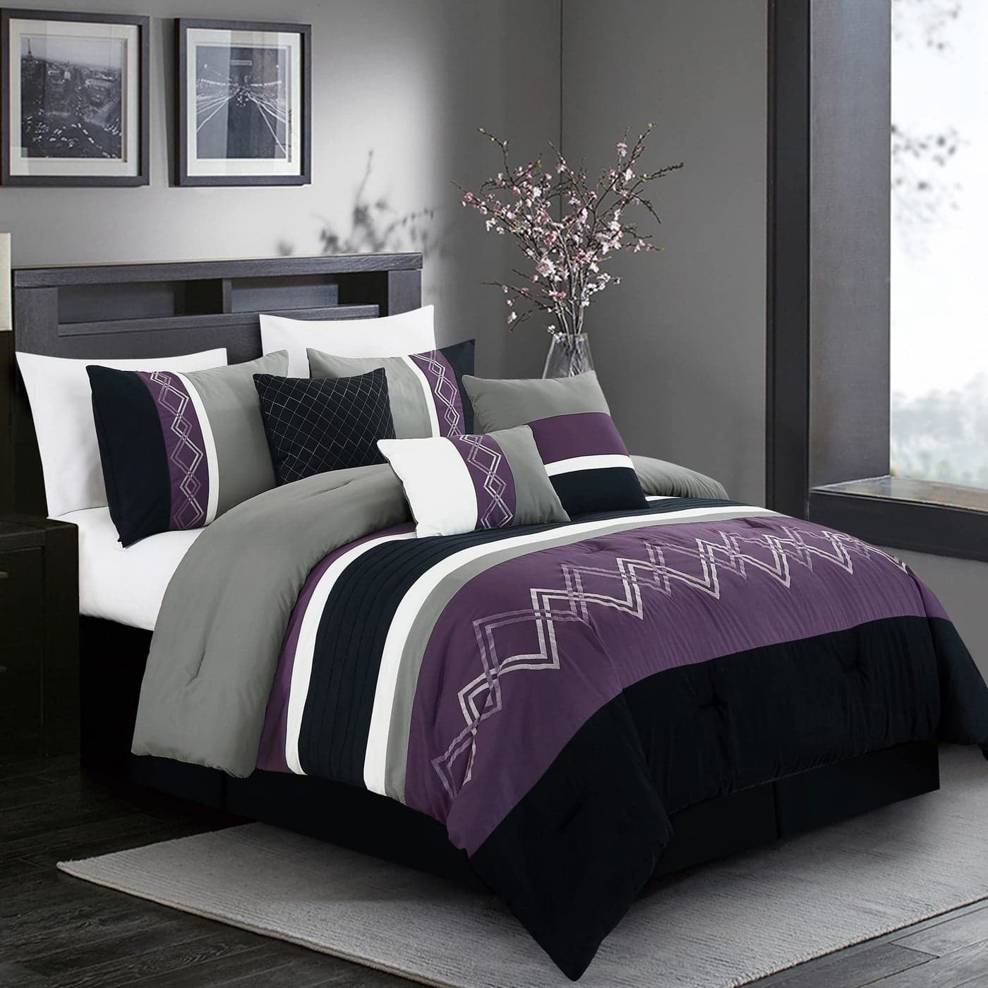 Chezmoi Collection Arden 7Piece Modern Pleated Stripe Embroidered Zigzag Bedding Comforter Set Queen PurpleBlackGrayWhite