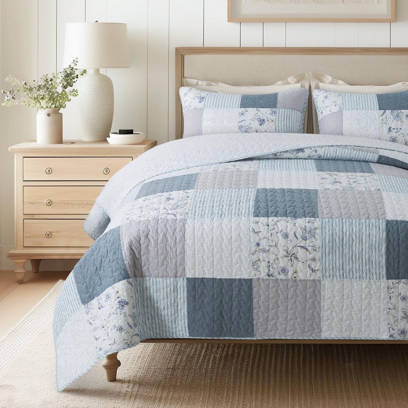 SLPR Coastal Dream Cotton Pieced Quilt Set Queen Size with 2 Shams Soft Purple Blue Patchwork Quilted Bedspread Farmhouse Country Style Bedding for All Seasons