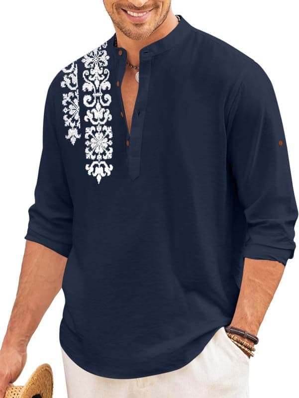 FINIVO FASHION Men's Regular Fit Cotton Blend Short Kurta Shirt | Full Sleeve Ethnic Shirt with Mandarin Collar and Button Placket | Casual Kurta for Daily and Traditional Use Navy