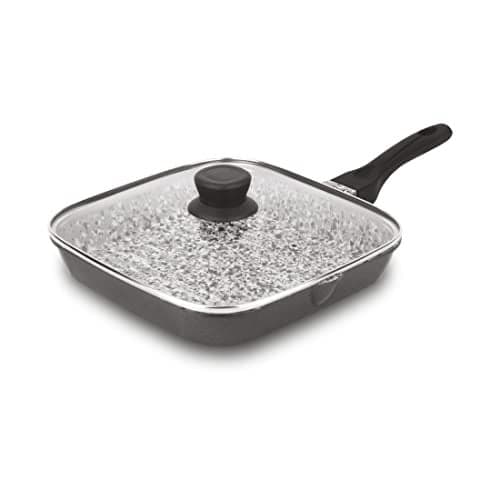 Orange Non-Stick Stone Finish Coated Grill Pan with Glass lid | 25cm Diameter | 5 Layer Coating | Gas campatible | Cool Touch Long Handle | Heavy Thickness | 1Year Warranty, 2.5mm Base Thickness