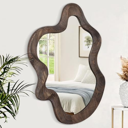 Asymmetrical Wavy Mirror for Wall Decor - Large Cute and Stylish Unique Wooden Framed Artistic Cloud Mirror, 21.6"x15" - Decorative for Living Room, Bedroom, Bathroom, Entryway