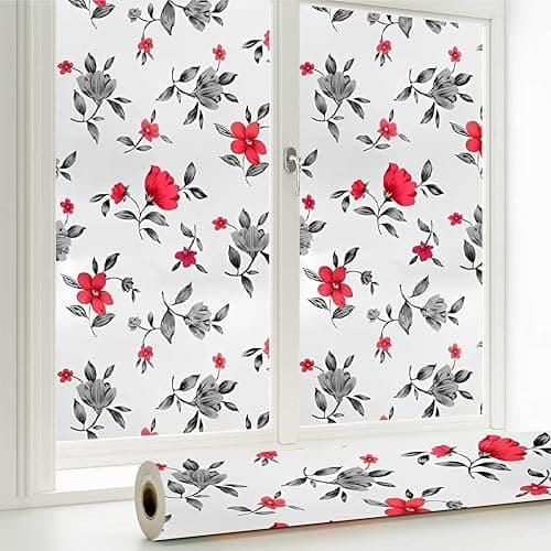 WALLTON Privacy Vinyl Frosted Window Film Glass Sticker Self-Adhesive Film Tint Wallpaper Opaque Sheet for Glass Privacy Cover Window, Door, Office, Home.| Anti-UV. (16x48 Inch, Red Black Flowers)