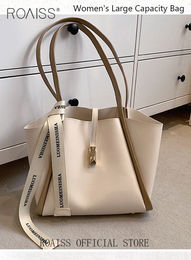 Women's Single Shoulder Bag, Stylish and Versatile Commuter Handheld Bag with Large Capacity and Silk Scarf Decoration, Ladies Tote Bag for Class or Commuting, White