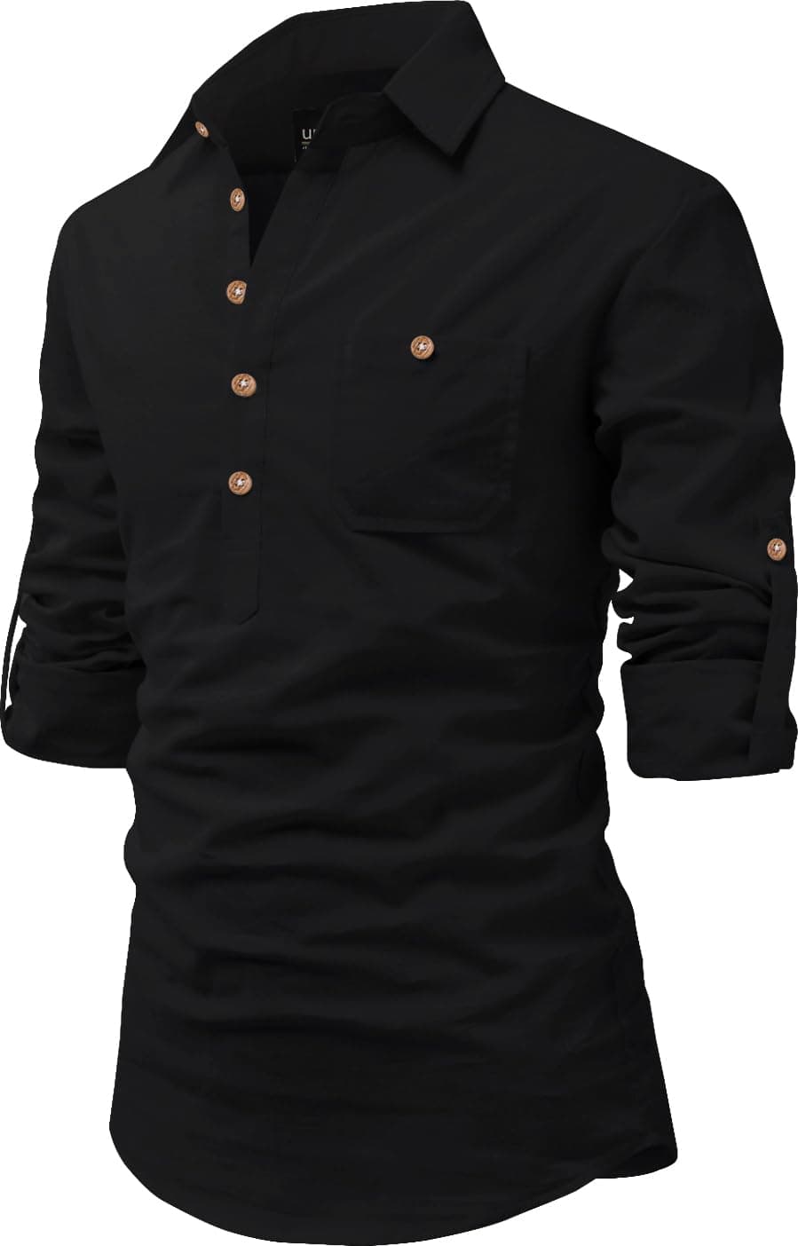 Univibe Men's Cotton Full Sleeve Casual, Slim Fit Shirt Style Short Kurta With Pocket (Black, 40), Large