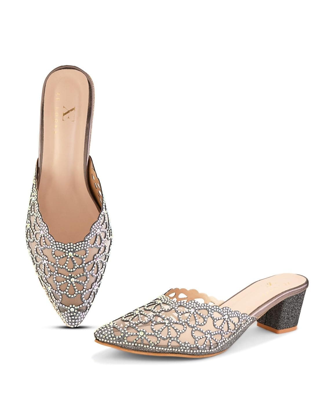 XE Looks Women's Grey Embellished Mesh Block Heel Mules | Floral Rhinestone Design | Comfortable Slip-On Pointed Toe Block Heel Mules For Girls & Women