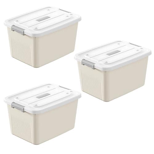 KREPS® Plastic Storage Bins With Latching Lids Stackable Containers, Large Storage Box For Bedroom, Basement, Classroom, Camping, Office (CREAM, MEDIUM - 12 X 8.5 X 7 INCH, PACK OF - 3)
