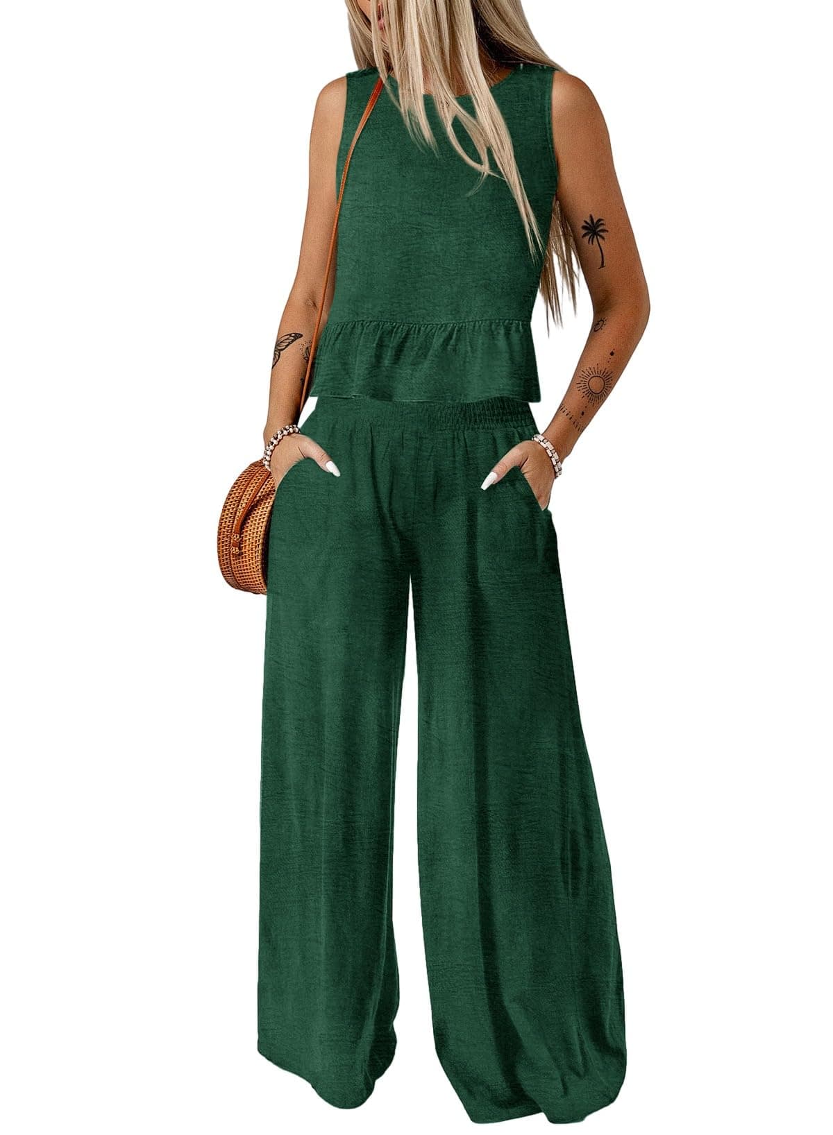 Dokotoo Summer Sets Women 2 Piece Outfits Sleeveless Matching Sets for Women Pleated Elastic Waist Long Pants Sets Dark Green Medium