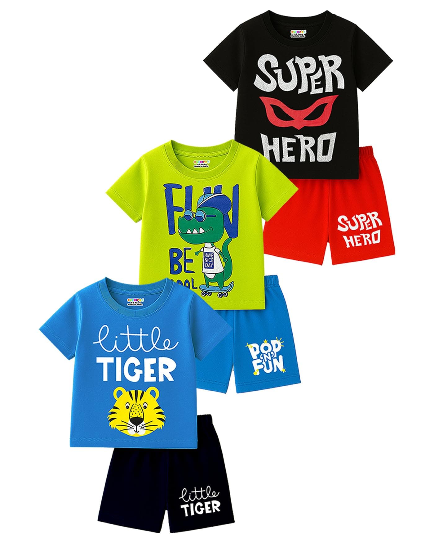 Kuchipoo Boys Regular Fit Cotton T-Shirts and Shorts Set (KUC-BSUT-131, 3-4 Years, Multi-Colored)