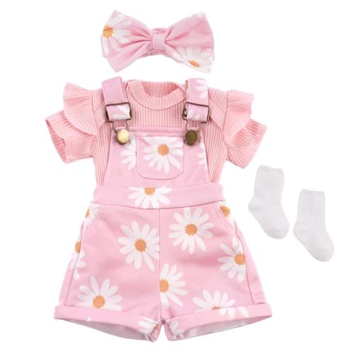 BABESIDE 4 Pcs Reborn Baby Doll Clothes for 1722 Inch Babydolls Cute Pink Flower Dolls Overalls Lifelike Reborn Baby Doll Accessories with Headband and Socks for Realistic Dolls Girl