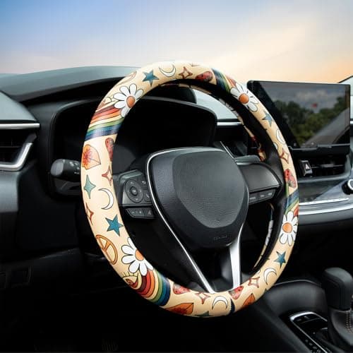 Rainbow Love&Peace Steering Wheel Cover Auto Jacquard Steering Wheel Protector, Anti-Slip, Breathable, Absorbing Sweat, Universal Car Accessories 14.5–15 inch,Fit for Most Car, Trucks, SUV