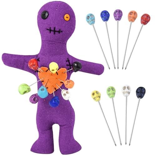 Waybas 10Pcs Voodoo Doll Kit Real Voodoo Dolls with 9 Skull Pins Creepy Ghost Doll Revenge Spells Voodoo Doll Relieve Stress Horror Doll for Halloween Christmas Birthday Ornament Decoration Purple