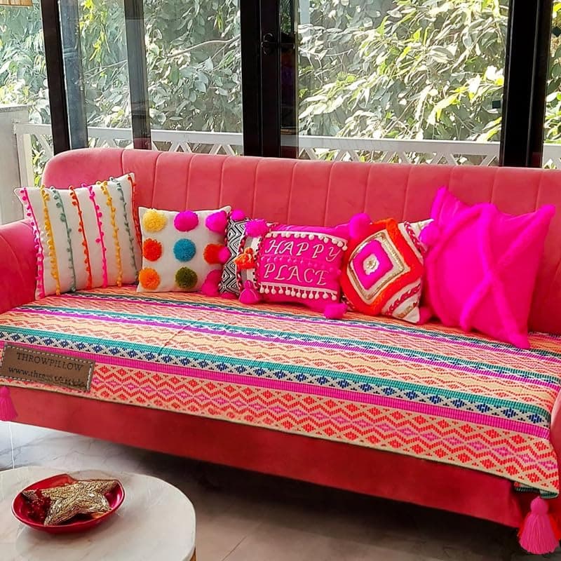 WWW.THROWPILLOW.IN Rainbow Corner Tassels Desginer Sofa Cover:Living Room Decor| Loveseat, Settee, or Bench Throw:Seat & Back Cover-Fits 2 Seater Sofa, Size: 120 x 120 CMS -1 Piece