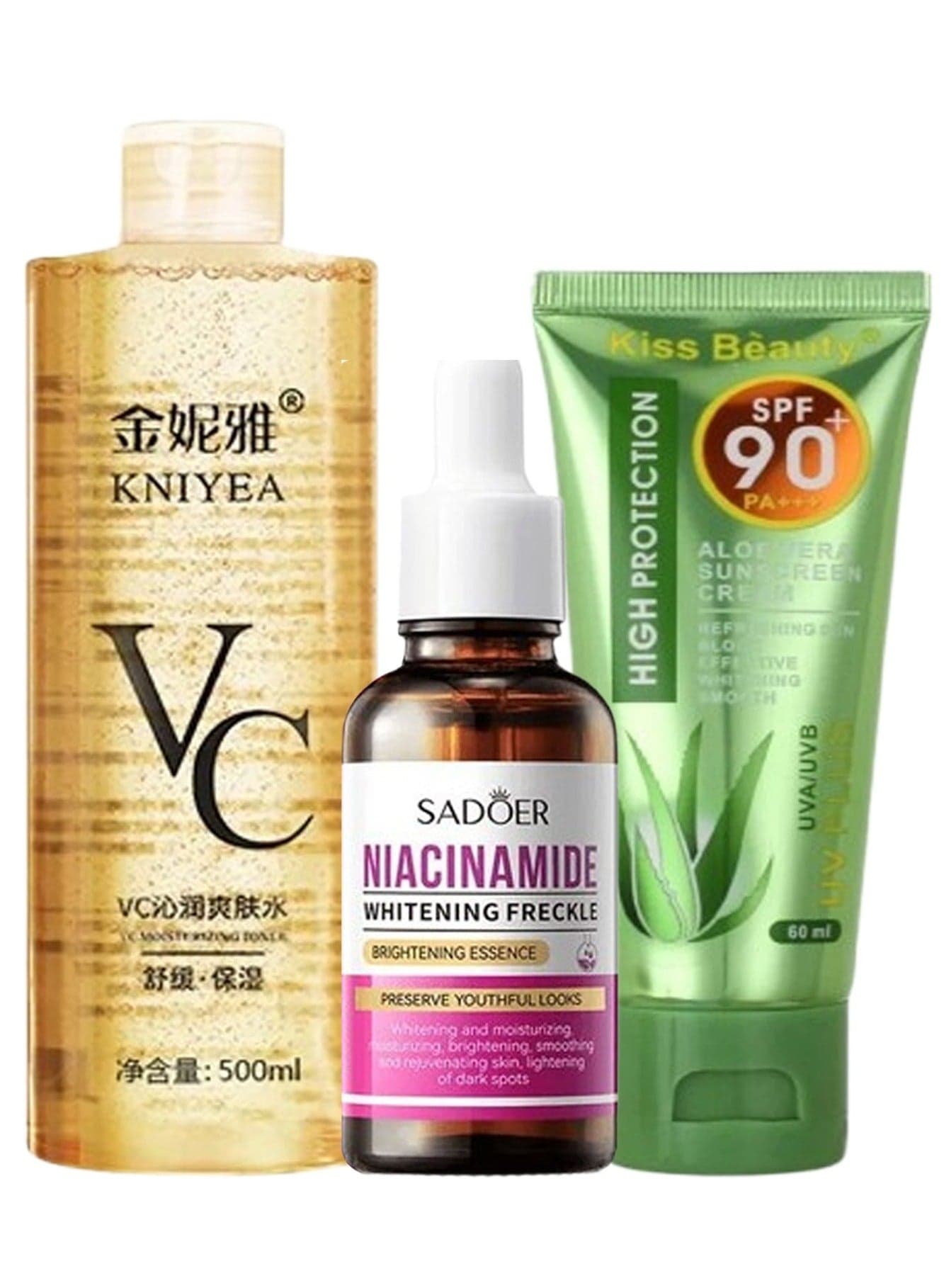 KNIYEA VC Toner Niacinamide Serum Sunscreen SPF 90 Plus PA Plus Plus Plus Brightening Hydrating Skin Care Set for Women All Skin Types