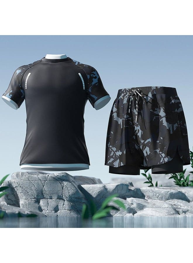 Men's Two-Piece Swimming Suit: Quick-Dry Short Sleeve Top and Double-Layer Swim Trunks
