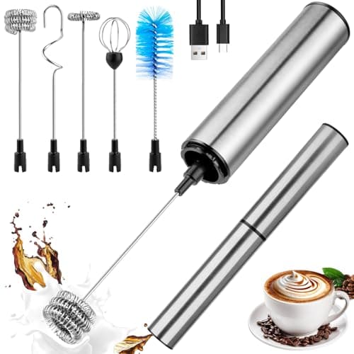 Milk Frother Wand for Coffee, Coffee Foamer Drink Mixer,Handheld Frother Rechargeable Electric Whisk with 5 Heads 2 Speeds for Latte, Cappuccino, Hot Chocolate, Egg(Home and Travel Set Silvery)