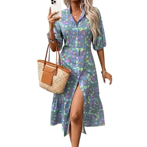 Gufrina Dresses for Women|Rayon Floral Print|Front Ruffle Hem|Button-Down|Maxi Dress|Puff Sleeves and High Slit (Sky Blue XL)