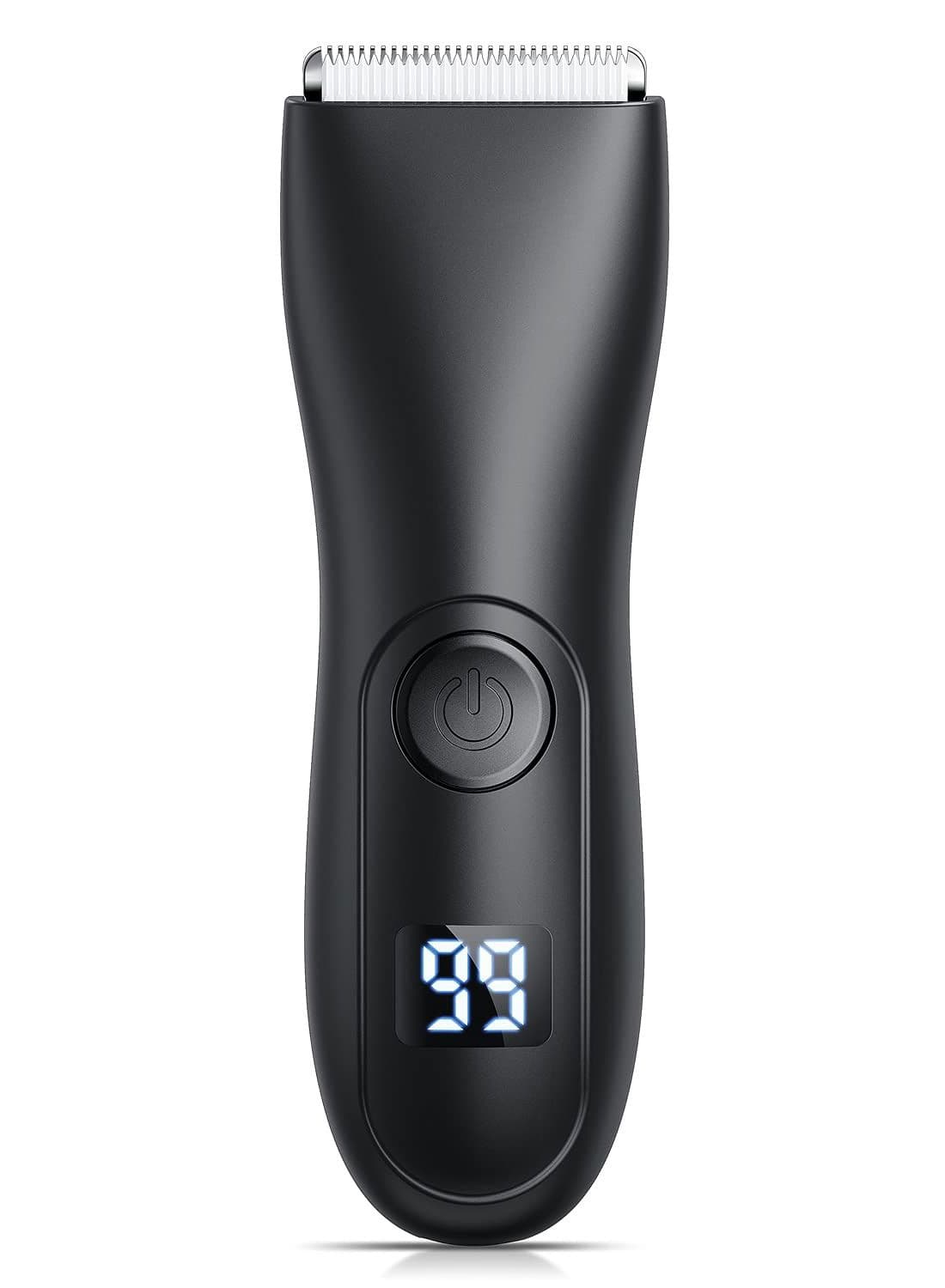 Groin Hair Trimmer for Men Waterproof Wet/Dry Clippers Body with Replaceable Ceramic Blade Heads LCD Display Rechargeable Built-in Battery Male Hygiene Razor