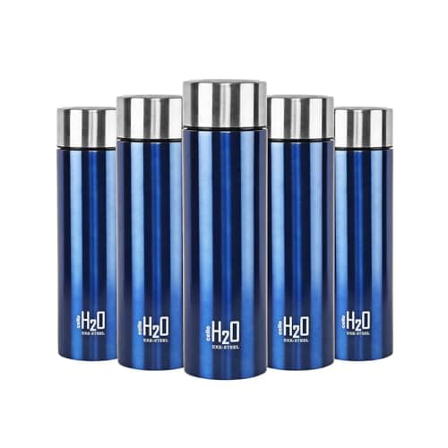 CELLO H2O Stainless Steel Water Bottle for Office & Daily Use Set of 5 Pcs, 1000 ml Blue | Single Wall Freezer & Fridge Safe, Lightweight Leakproof Rustproof Steel Water Bottle for School Gym Travel