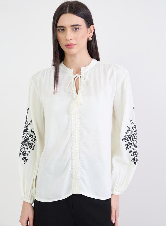Off-White Embroidered Balloon Sleeve Blouse