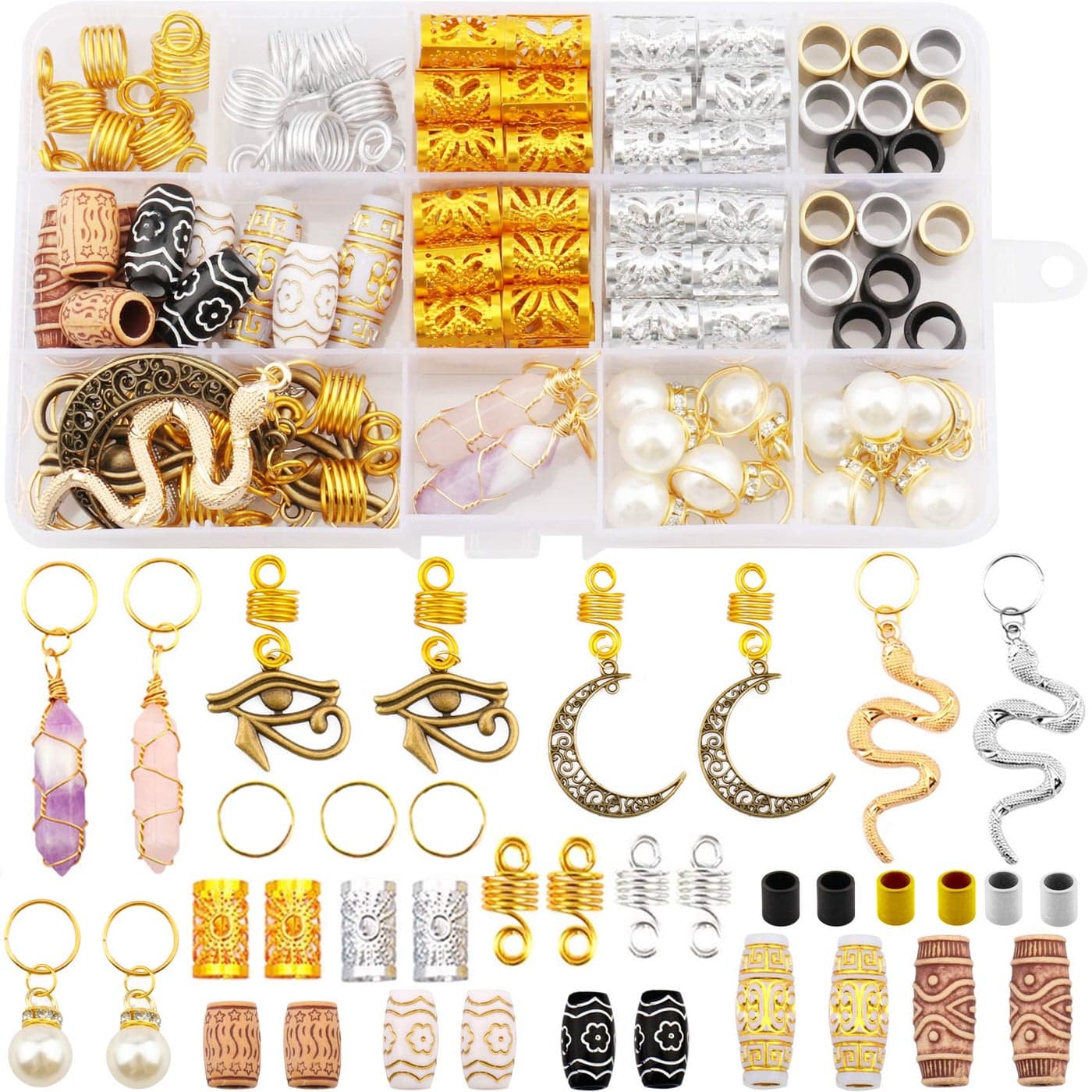 Messen 121Pcs Dreadlocks Jewelry Crystal Wire Wrapped Loc Adornment Imitation Wood Beads Braid Accessories Hair Cuffs Beard Tube Beads Pearl Pendants for Braids Hair Clip Decoration