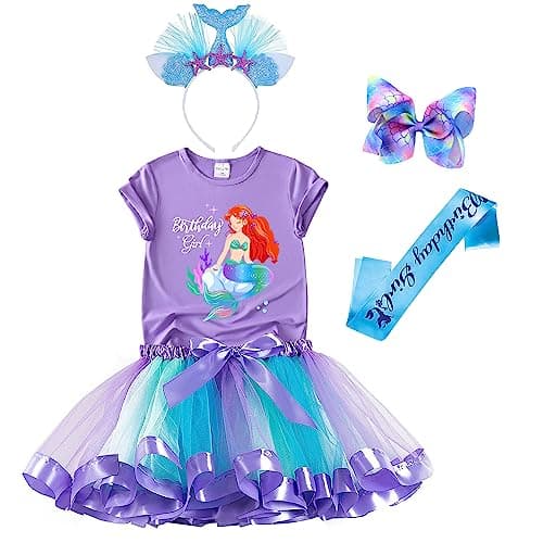 Mermaid Birthday Outfit Set – Shirt, Rainbow Tutu Dress, Satin Sash, Headband – Birthday Gifts for Girls Costume (Purple 1, 6 Years)