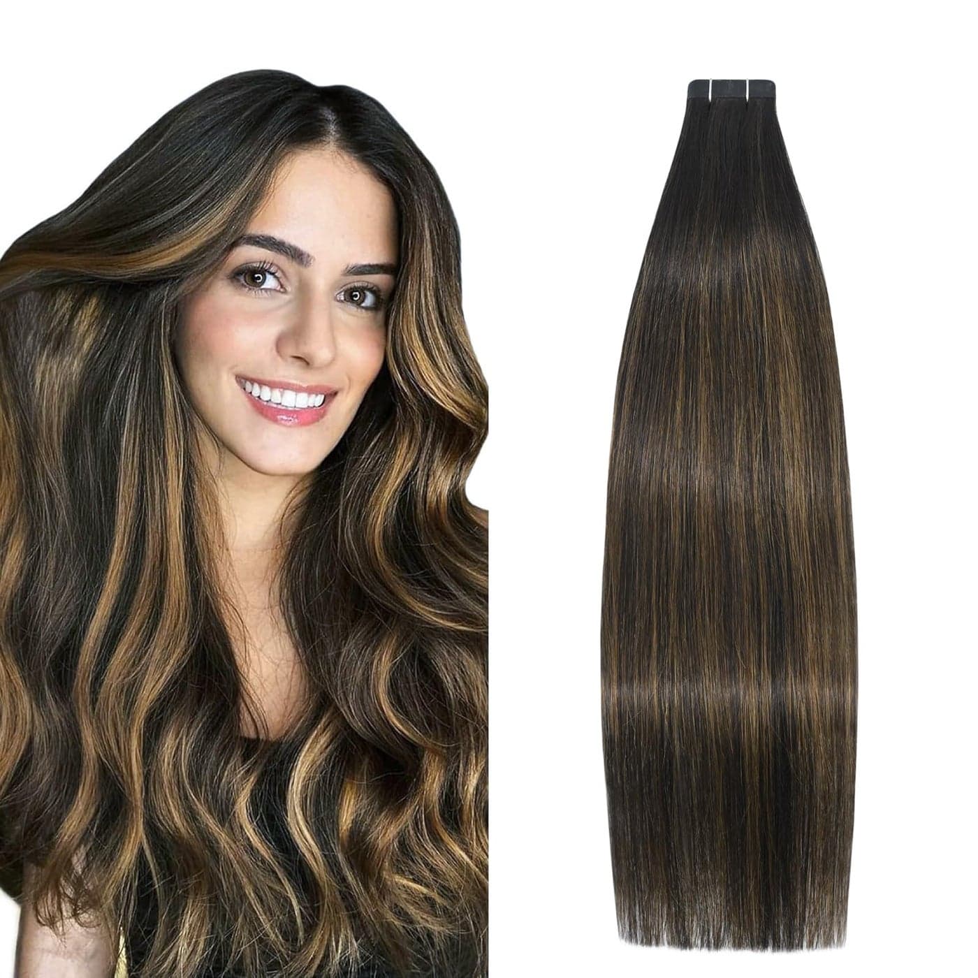 Aison Balayage Tape in Hair Extensions Real Human Hair Dark Brown Ombre to Chestnut Brown 30g 20 PcsPack 14 Inches