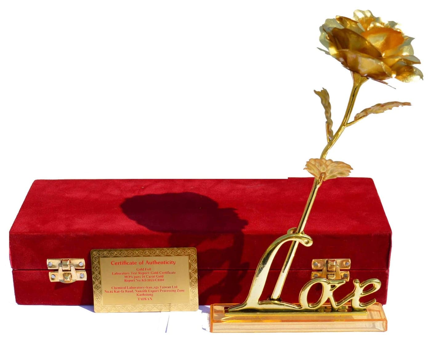 Lavanaya Silver - Gold Foiled Rose Flower and Golden Love Stand with Velvet Gift Box (30X10X8 cm, Golden)