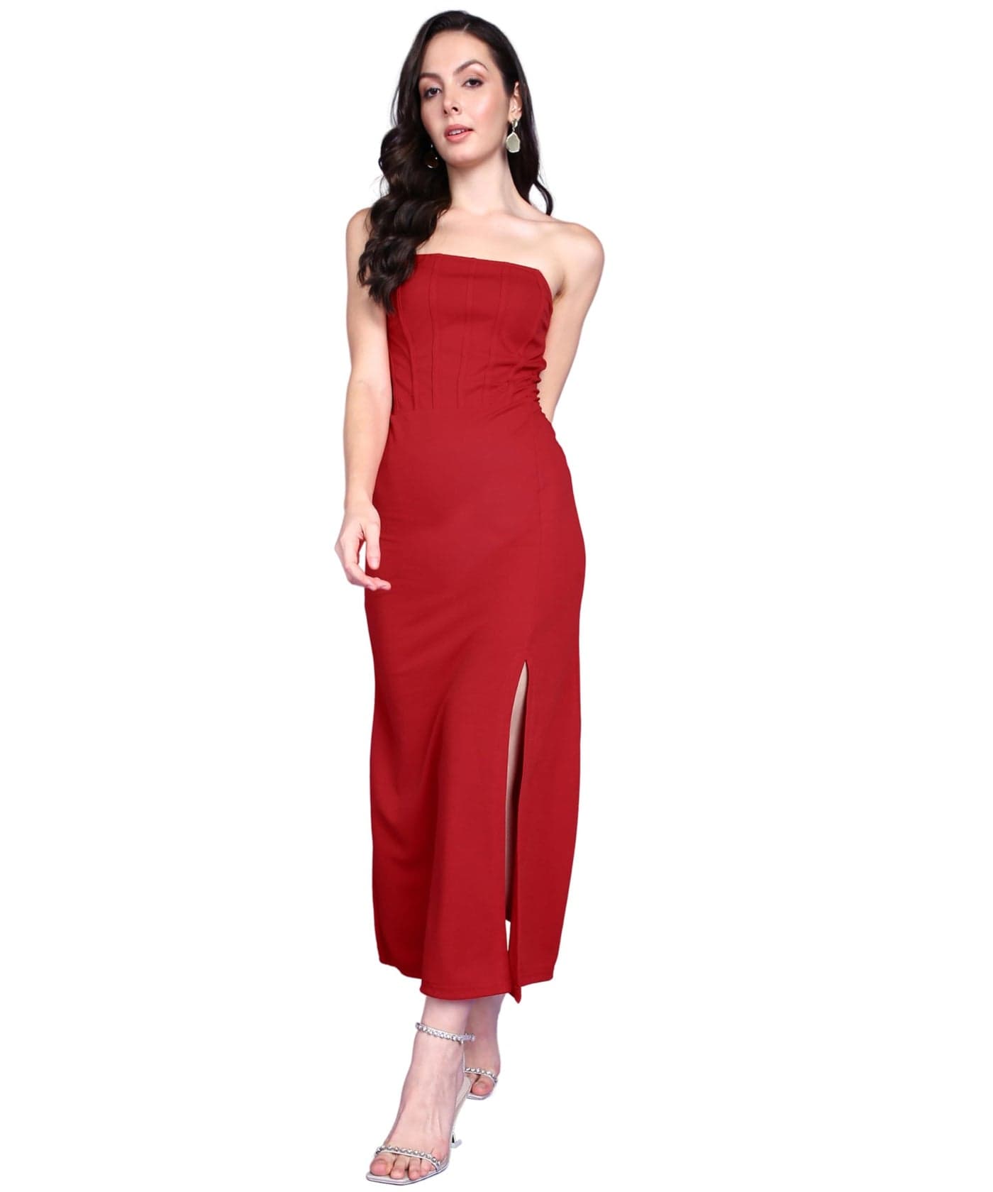 POPWINGS Casual Solid Sleeveless Slit Long Corset Dress for Women || Latest Stylish Western Summer Dresses for Women || Sleeveless Trendy Off-Shoulder Women Dresses for Parties Red