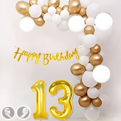 Flyloons 13th Birthday Decoration Items Gold and White Theme Combination for Boys Girls| 30 Pcs Gold White Color Balloons| Gold Happy Birthday Cursive Glitter Banner| Arch Tape| Glue Dots