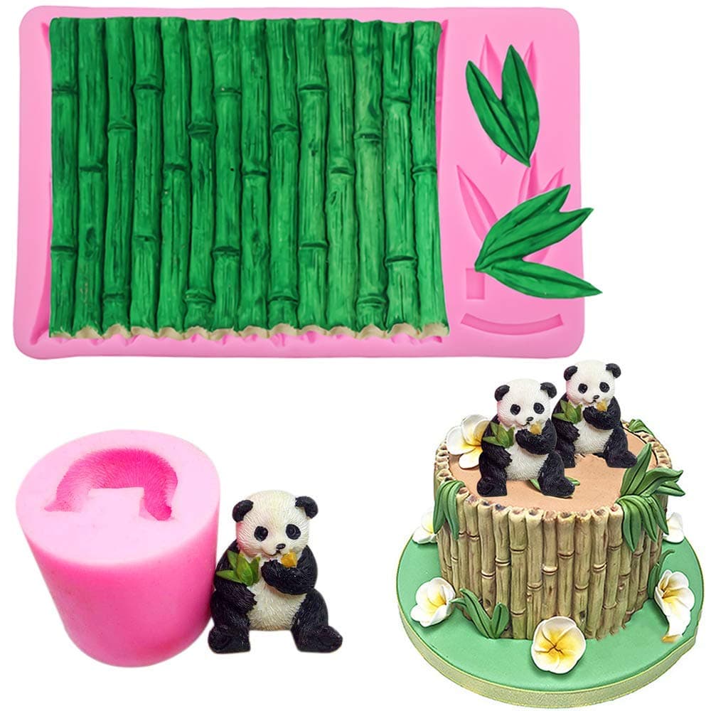 2PcsSet 3D Panda Bamboo Silicone Molds Bamboo Cake Border Fondant Molds Sugarcraft Cake Decorating Tools Candy Chocolate Gumpaste Moulds Panda DIY Candle Wax Soap Mold