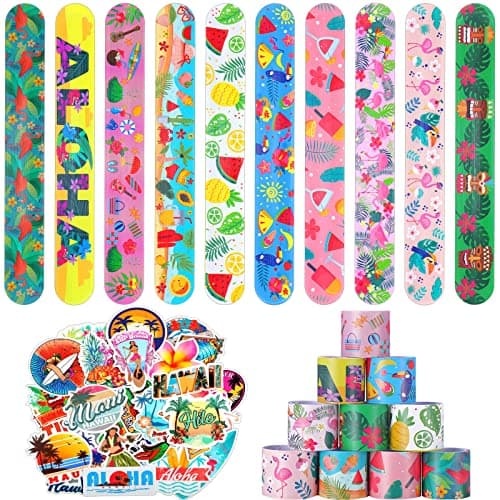 Sratte 40 Pcs Hawaiian Slap Bracelets 50 Hawaii Stickers Summer Hawaiian Luau Party Favors Aloha Tropical Tiki Theme Bulk for Adult Hula Gifts Beach Pool Birthday Goody Bag Piata Filler