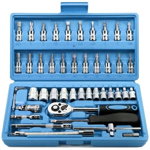 Egofine 46 Pieces 14 inch Drive Socket Ratchet Wrench Set with Bit Socket Set Metric and Extension Bar for Auto Repairing and Household with Blue Storage Case